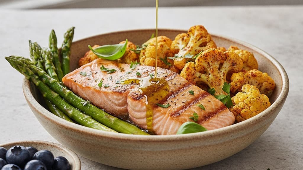 Anti-inflammatory Mediterranean meal bowl with wild grilled salmon, roasted golden turmeric cauliflower, steamed asparagus, and blueberries drizzled with olive oil