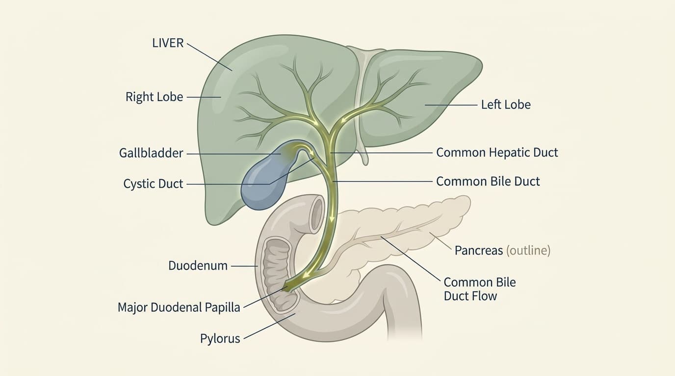 Clinical diagram of the hepatobiliary system illustrating liver, gallbladder, cystic duct, common bile duct, and duodenum