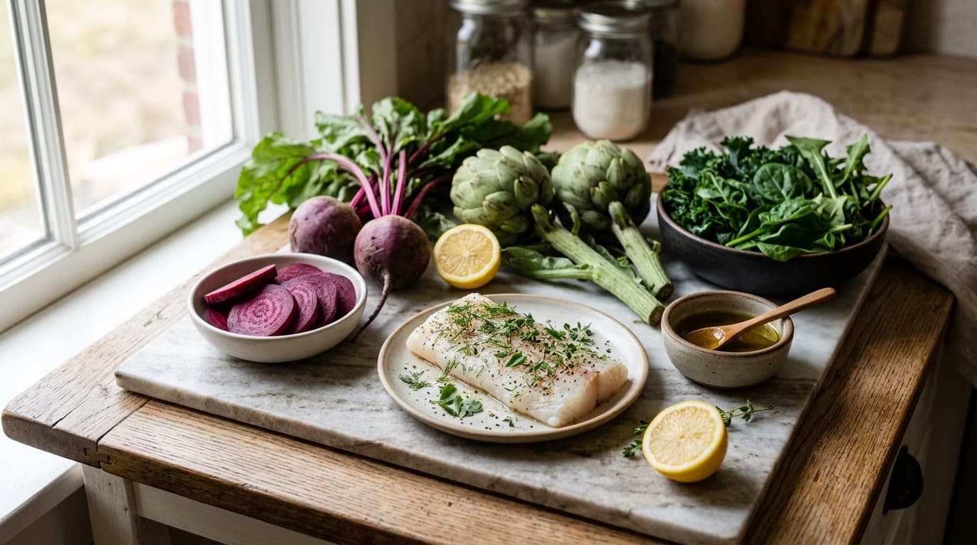 Wholesome gallbladder-friendly meal prep ingredients: fresh wild cod, sliced purple beets, whole artichokes, and lemons on a marble counter