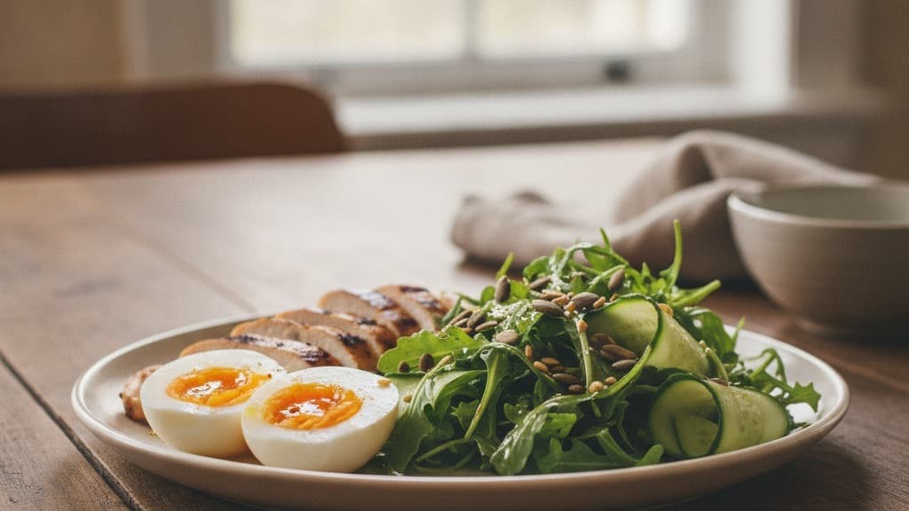 Insulin resistance meal plate with soft-boiled pasture eggs, sliced grilled chicken, arugula cucumber salad drizzled with olive oil, and pumpkin seeds