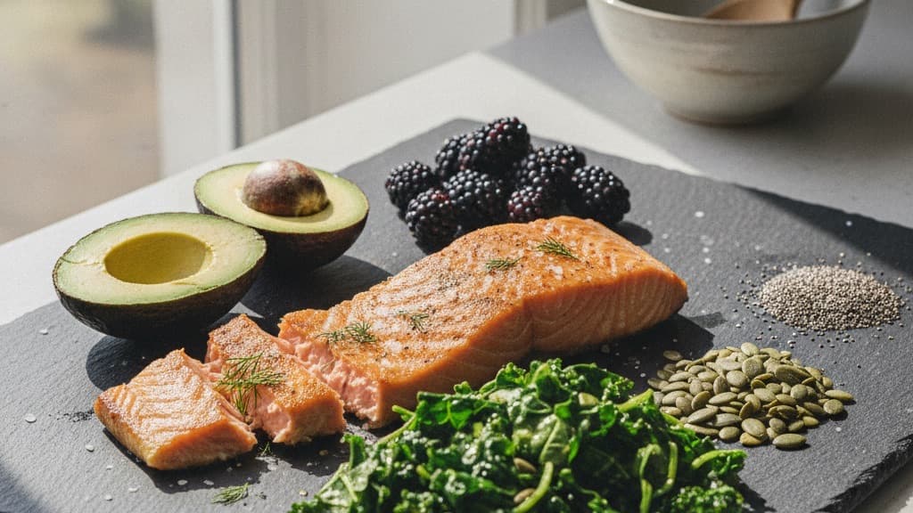 PCOS hormone balancing meal prep with pan-seared wild salmon, sliced avocado, fresh blackberries, pumpkin seeds, and chia seeds on a slate board