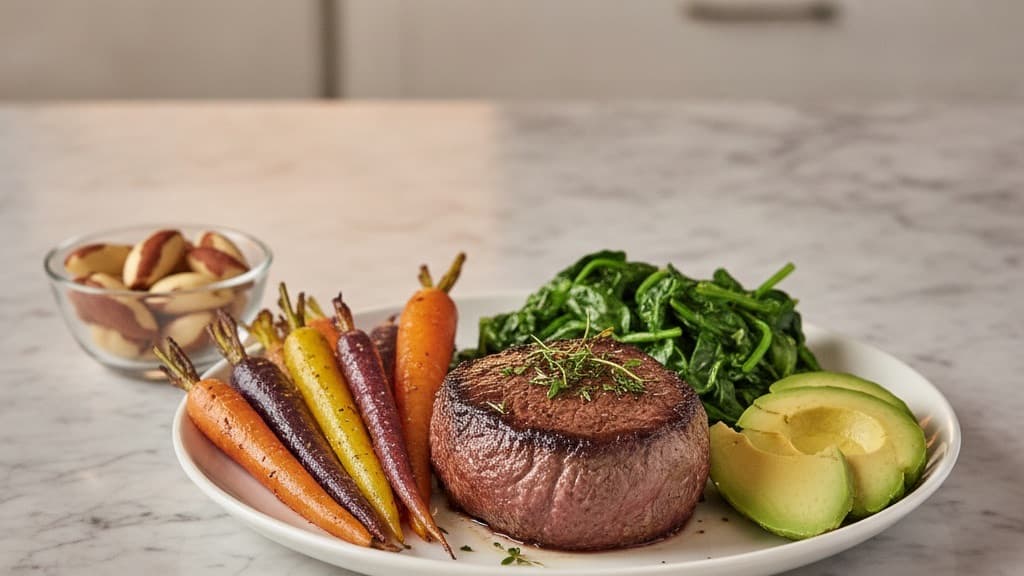 Nutrient-dense Hashimoto's thyroid recovery meal with seared grass-fed beef medallion, steamed spinach, roasted heirloom carrots, sliced avocado, and selenium Brazil nuts