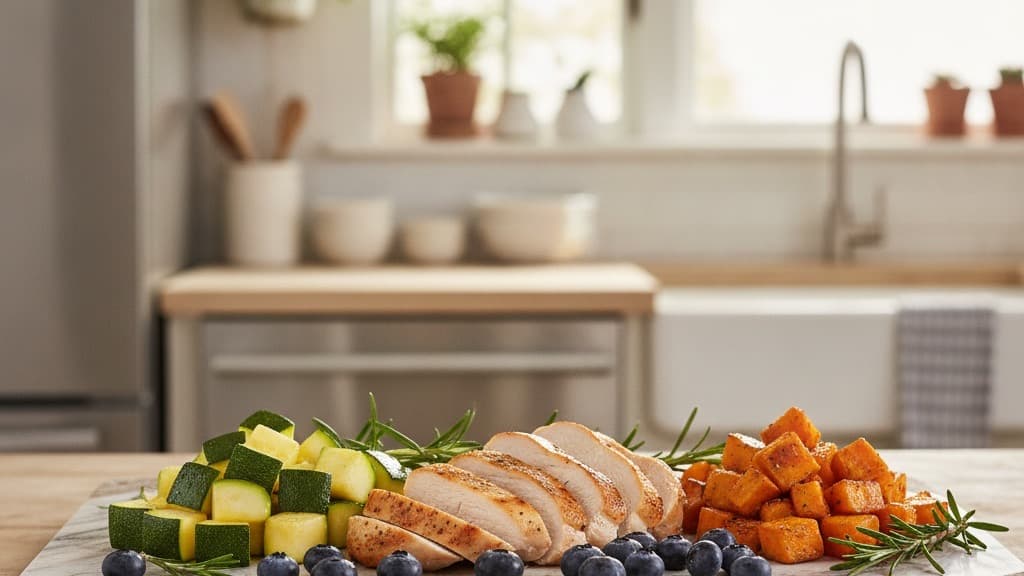 Nutrient-dense low-histamine meal prep ingredients: pasture-raised chicken breast, fresh green zucchini, sweet potatoes, fresh blueberries, and rosemary sprigs
